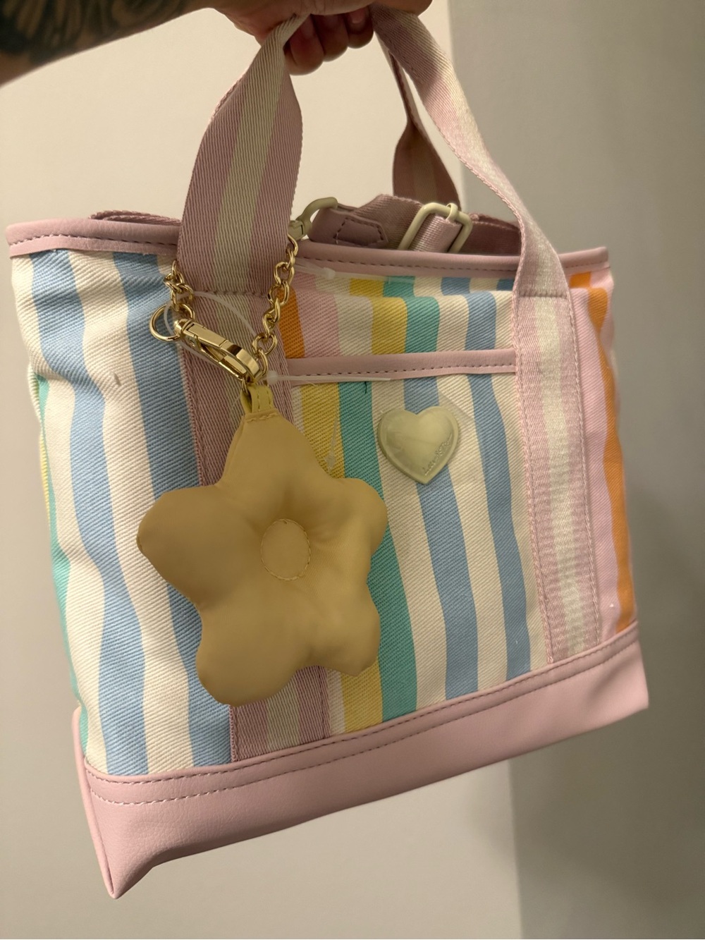 Betsey Johnson Pastel Striped Canvas Tote with Flower Charm - Pink